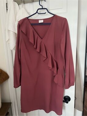 VILA Ruffle-Trim V-Neck Long Sleeve Dress in Dusty Rose